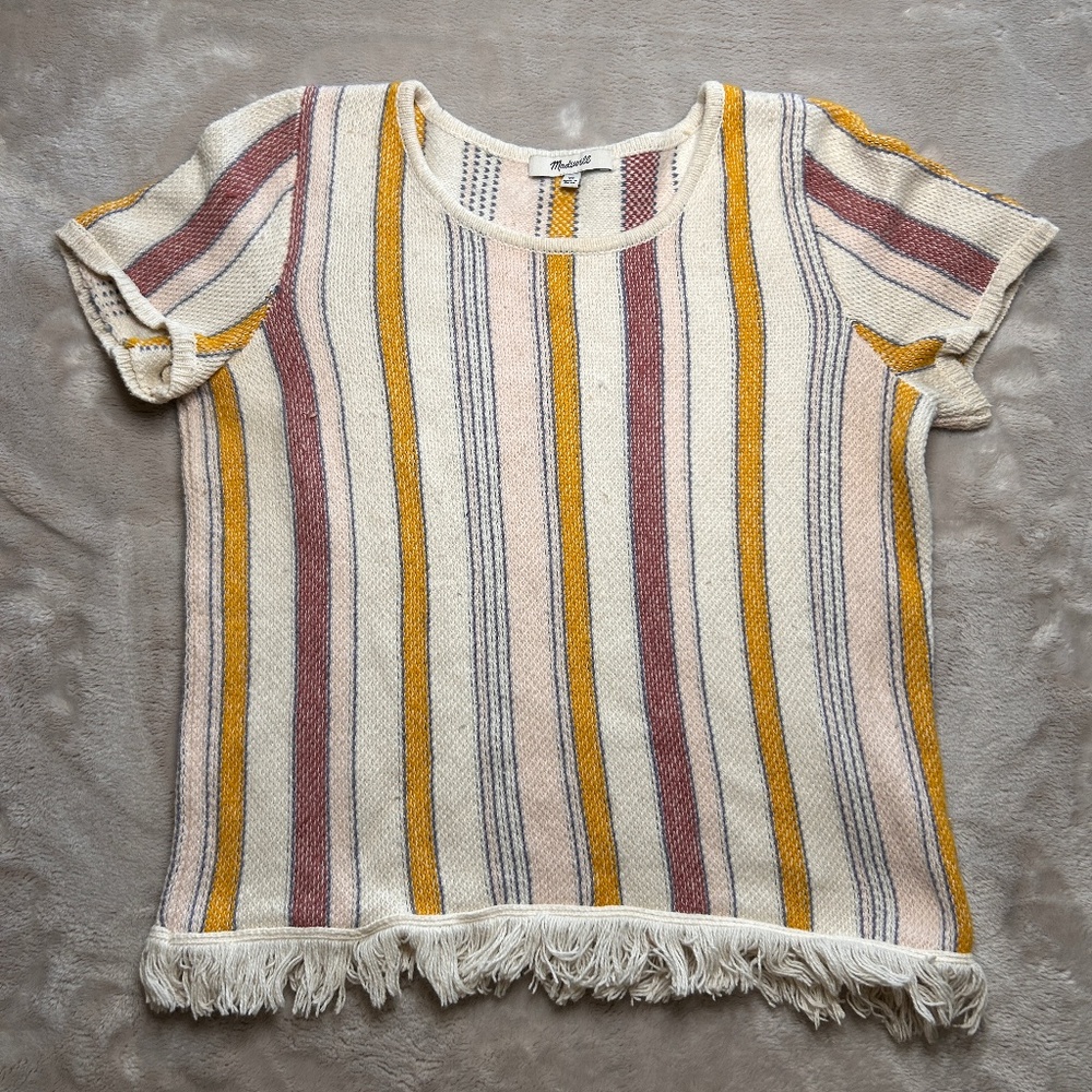Madewell Blakely Stripe Sweater Tee Size XS Fringe Hem Boho Beach Summer